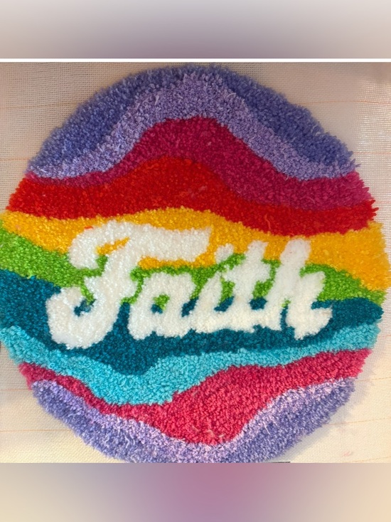 Handmade Other - Faith Colorful Round Tufted Wall Art - White Script